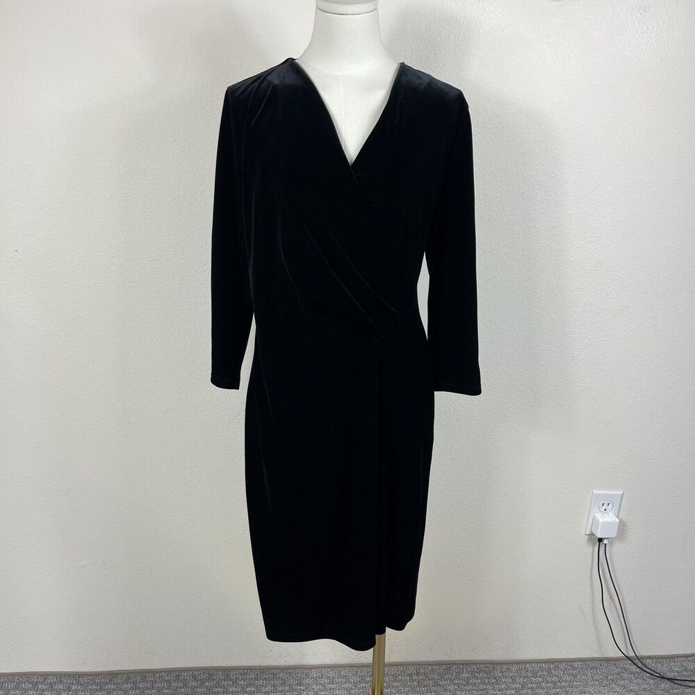 Talbots Dress Womens Medium Black Velvet Faux Wrap Sheath Party Cocktail